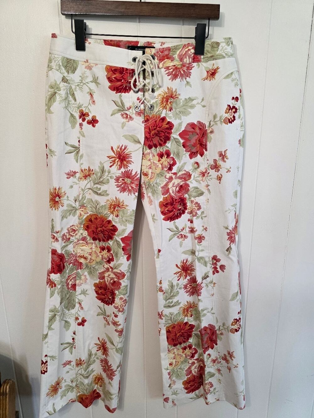 Vintage Express Floral Lace Up Flare Wide Leg Bottom Y2K Jeans Womens 11/12